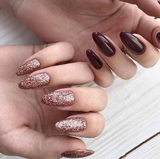 Manicure different design of hands with pink sequins and dark red