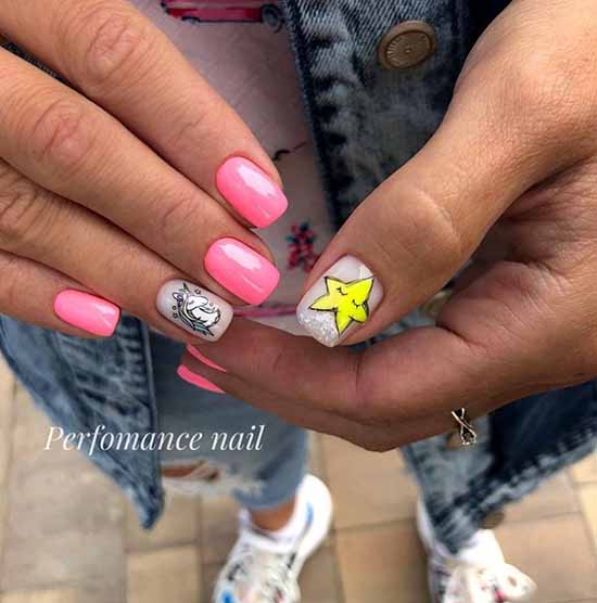 Pink manicure with stickers and glitter