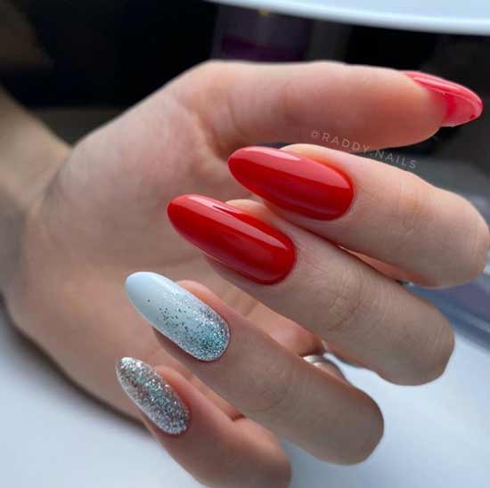 Red and white glitter manicure
