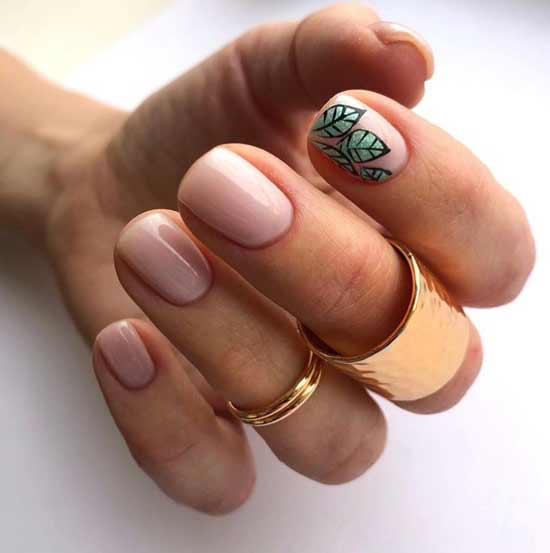 Nude manicure with stickers