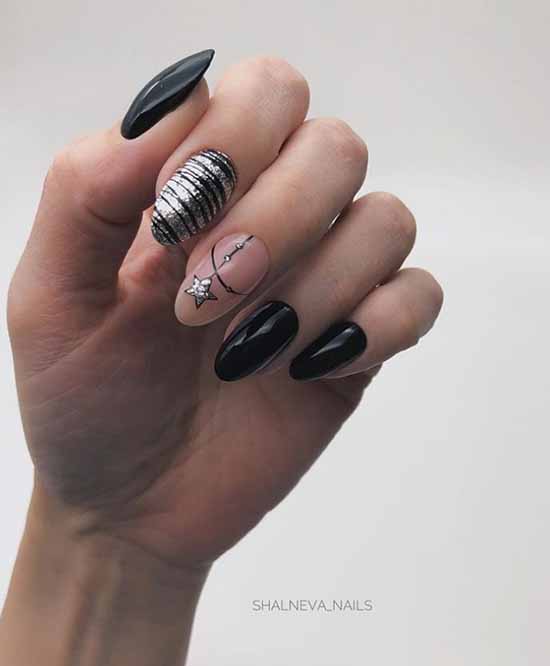 Long black nails design with rhinestones and foil
