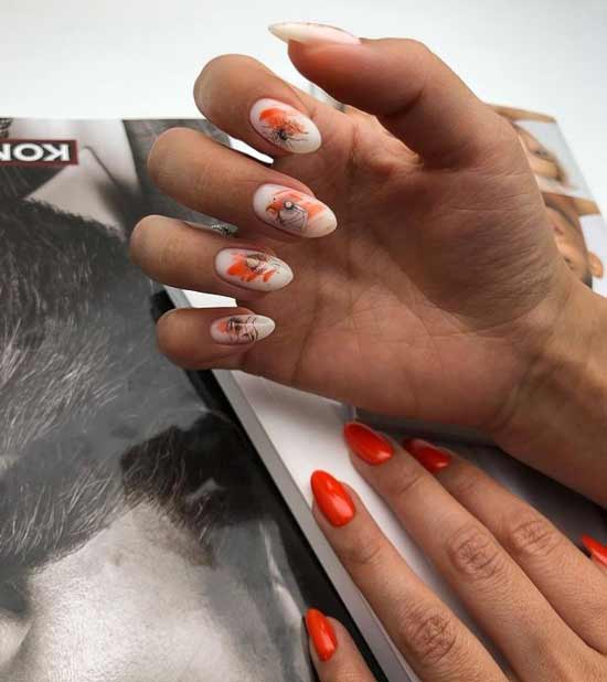 Orange with milky manicure photo