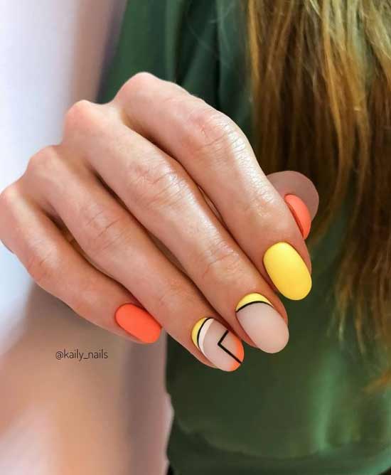 Orange yellow manicure with geometry