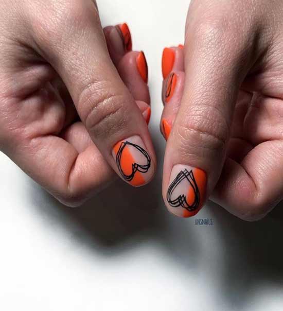 Orange short manicure with a heart