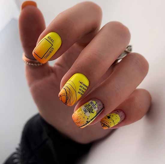 Yellow-orange nails with cobweb