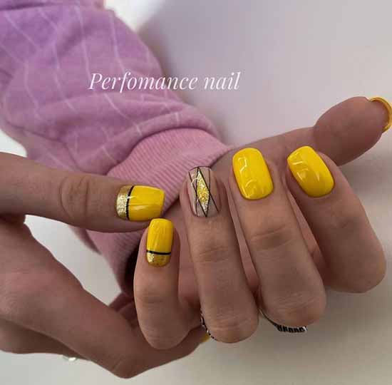 Yellow nails with silver sequins
