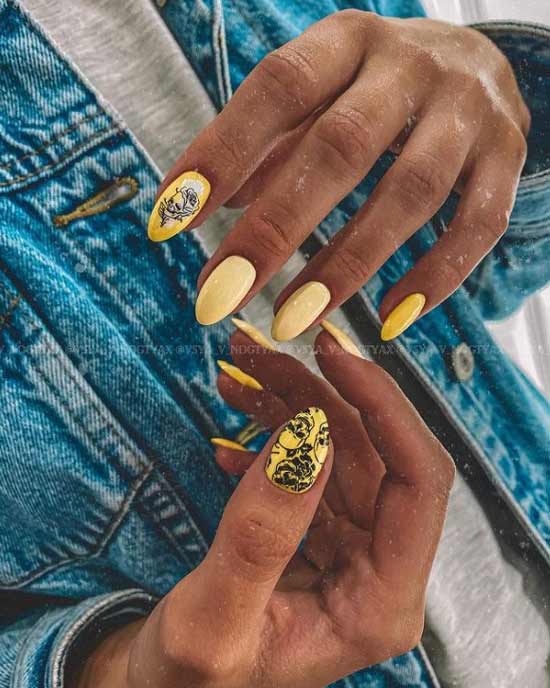 Yellow manicure with flowers