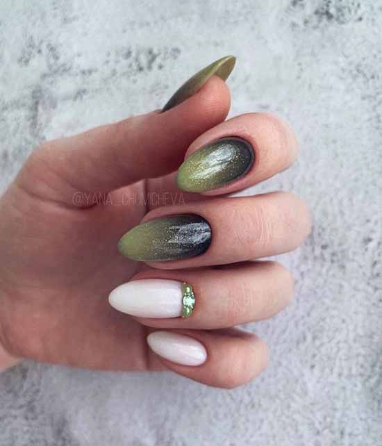 Dark olive glitter manicure