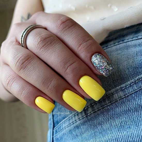 Yellow manicure with silver