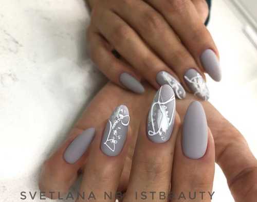 Gray long nails with designs