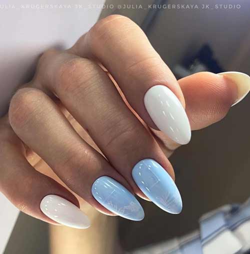 Long nails blue and white manicure