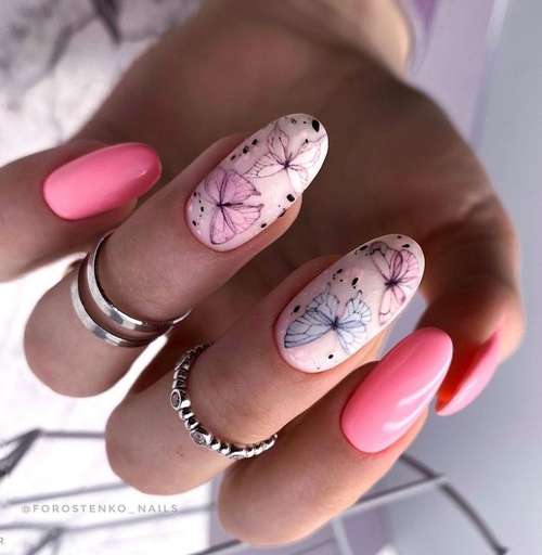 Coral manicure with butterflies